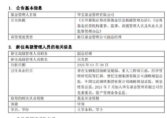 华宝基金新任吕笑然为副总经理 曾任宝钢集团战略规划总监